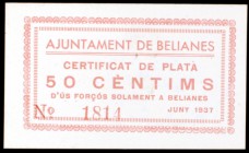 Belianes. 50 céntimos y 1 peseta. (T. 417 y 418). 2 cartones, todos los de la localidad. Ex Colección Lluís Companys 03/02/2016, nº 23. Muy raros. MBC...