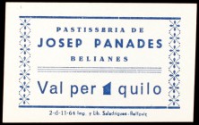 Belianes. Pastisseria de Josep Panadés. "Val por 1 y 10 quilos" (dos). (AL. 3331, 3331 var y 3333). 3 cartones. Guerra Civil. Muy raros. BC+/EBC.