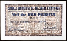 Bellcaire d'Empordà. 25 céntimos y 1 peseta (dos). (T. 431, 432a y 433). 3 billetes, una serie completa. BC/EBC.
