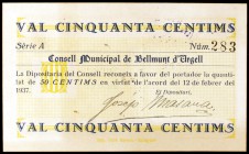 Bellmunt d'Urgell. 50 céntimos y 1 peseta. (T. 448 y 449). 2 billetes, todos los de la localidad. El de 1 peseta roto por la mitad. Muy raros. BC-/EBC...