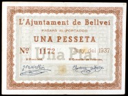 Bellvei del Penedès. 25, 50 céntimos (dos) y 1 peseta. (T. 460 a 463). 4 billetes, todos los de la localidad. Conjunto raro. MBC-/EBC-.