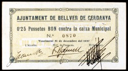Bellver de Cerdanya. 25 (dos), 50 céntimos y 1 peseta (tres). (T. 464 y 466 a 470). 6 billetes, 2 series completas. Uno de 1 peseta con roturas. Conju...