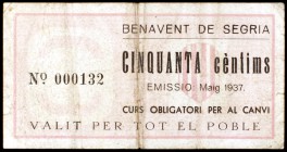 Benavent de Segrià. 50 céntimos y 1 peseta. (T. 478 y 479). 2 billetes, serie completa, el de 1 peseta nº 000036. Muy raros. BC/BC+.