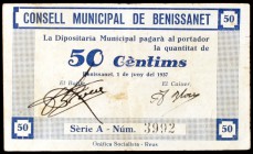 Benissanet. 25 (dos), 50 céntimos (dos) y 1 peseta. (T. 492, 493b, 494c, 496 y 497). 5 billetes, una serie completa. Conjunto raro. BC/EBC.