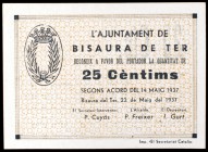 Bisaura de Ter. 25, 50 céntimos y 1 peseta. (T. 519 var, 520 y 521b). 3 billetes, todos los de la localidad. MBC-/EBC-.