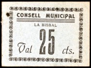 Bisbal d'Empordà, la. 5, 10, 25, 50 céntimos y 1 peseta (dos). (T. 540 a 545). 3 cartones y 3 billetes, todos los de la localidad. Conjunto raro. BC/E...