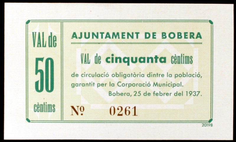 Bobera. 25, 50 céntimos, 1 y 2 pesetas. (T. 559a, 560, 561 y 562). 4 billetes, t...