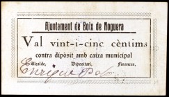 Boix de Noguera. 25 céntimos. (T. 565). Nº 69. Ex Colección Lluís Companys 03/02/2016, nº 117. Rarísimo. MBC+.