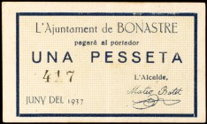 Bonastre. 25 céntimos y 1 peseta. (T. 566 y 567). 2 billetes, serie completa Raros. MBC-/MBC+.
