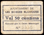 Borges Blanques, les. 50 céntimos y 1 peseta. (T. 582 y 583). Un billete y un cartón. MBC-/MBC.