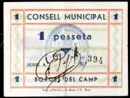 Borges del Camp, les. 25, 50 céntimos (dos) y 1 peseta (dos). (T. 584, 585 var y 586 a 588). 5 billetes, todos los de la localidad. Conjunto rarísimo....