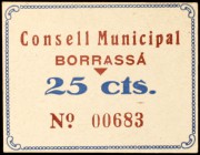 Borrassà. 5, 15 y 25 céntimos. (T. 589 a 591). 3 cartones, todos los de la localidad. Raros. BC+/EBC.