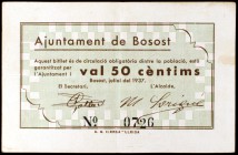 Bosost. 50 céntimos (dos) y 1 peseta (dos). (T. 595 a 598). 4 billetes, 2 series completas, uno roto y pegado en la época. Raros. RC/EBC.