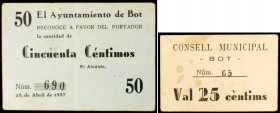 Bot. 5, 25, 50 céntimos y 1 peseta (dos). (T. 599a, 601, 602, 603a y 605). 4 cartones y un billete, una serie completa. El de 25 céntimos, nº 65. Conj...