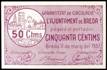 Breda. 50 céntimos (dos) y 1 peseta (dos). (T. 623, 624, 626 y 627). 4 billetes, una serie completa. 1 peseta, serie B nº 0045. MBC+/EBC+.