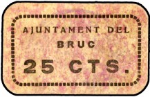 Bruch, el. 25 (tres), 50 céntimos y 1 peseta (dos). (T. 628, 629a, 630 a 632 y 633a). 3 billetes y 3 cartones, todos de la localidad. Conjunto raro. M...