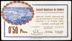 Calders. 50 céntimos y 1 peseta. (T. 688 y 689). 2 billetes, todos los de la localidad. Uno roto y pegado en la época. Escasos. BC-/MBC.