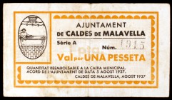Caldes de Malavella. 25, 50 céntimos y 1 peseta. (T. 692 a 694). 3 billetes, todos los de la localidad. Escasos. MBC-/MBC.