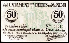 Caldes de Montbui. 25, 50 céntimos (dos) y 1 peseta. (T. 695, 696, 697 var y 698). 4 billetes, todos los de la localidad. La 2ª emisión sin sello tamp...