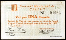 Callús. 25, 50 céntimos y 1 peseta. (T. 708 a 710). 3 billetes, todos los de la localidad. BC+/MBC-.