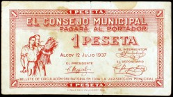 Alcoy (Alicante). 25 céntimos y 1 peseta (dos). (KG. 56 y 56a) (T. 85, 87 y 88). 3 billetes. BC/BC+.