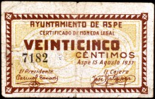 Aspe (Alicante). 25 céntimos. (KG. 110) (T. 222). BC+.