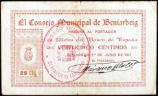 Beniarbeig (Alicante). 25 céntimos. (KG. 155) (T. 305). Muy raro. MBC-.