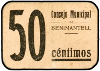 Benimantell (Alicante). 50 céntimos. (KG. 170) (T. 362). Cartón. Muy raro. MBC-.