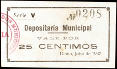 Dénia (Alicante). 25 céntimos (dos) y 1 peseta. (KG. 316, 316a y 316d) (T. 693a, 695g y 696a). 3 billetes. MBC-/EBC.