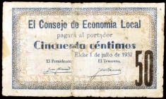 Elche (Alicante). Consejo de Economía Local. 50 céntimos. (KG. 323) (T. 714). BC.