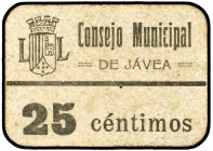 Jávea (Alicante). 25 céntimos. (KG. 427) (T. 866). Cartón. Raro. MBC+.