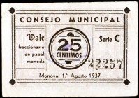 Monóvar (Alicante). 25 y 50 céntimos. (KG. 502) (T. 976 y 977c). 2 billetes. Escasos. MBC-/MBC.