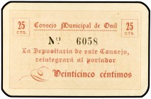 Onil (Alicante). 25 céntimos. (KG. 500) (T. 1054a). Raro. EBC-.