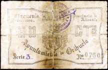 Orihuela (Alicante). 50 céntimos. (KG. 556) (T. 1081). Roto y pegado. Raro. (BC).