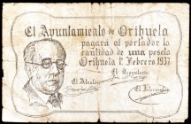 Orihuela (Alicante). 1 peseta. (KG. 556) (T. 1077). Raro. BC.