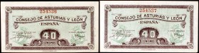Asturias y León. 25, 40 (dos), 50 céntimos, 1 y 2 pesetas. (Ed. C45 a C49). 6 billetes, una serie completa. Incluye una pareja correlativa de 40 cénti...