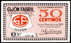 Gijón Fabril (Asturias). Fábrica de vidrios. 25 y 50 céntimos. (KG. 387). 2 billetes. EBC.