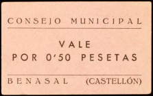 Benasal (Castellón). 50 céntimos. (KG. falta, sólo indica el de peseta) (T. 271). Cartón. Muy raro y más así. EBC+.