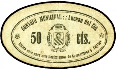 Lucena del Cid (Castellón). 50 céntimos. (KG. 458) (T. 888). Cartón ovalado. Rarísimo. MBC-.