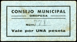 Oropesa (Castellón). 1 peseta. (KG. falta) (T. 1088). Cartón. Muy raro y más así. EBC.