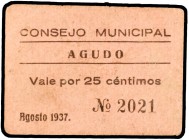Agudo (Ciudad Real). 25 céntimos. (KG. falta, sólo indica el de 1 peseta). Raro. MBC.