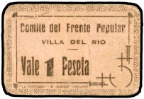 Villa del Río (Córdoba). Comité del Frente Popular. 1 peseta. (KG. 787). Cartón. Muy raro. MBC-.