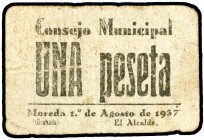 Moreda (Granada). 1 peseta. (KG. 514a). Cartón. Muy raro. BC+.