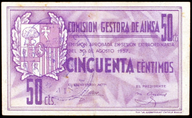 Ainsa (Huesca). Comisión gestora. 25, 50 céntimos y 1 peseta. (KG. 17). 30 de ag...