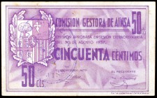 Ainsa (Huesca). Comisión gestora. 25, 50 céntimos y 1 peseta. (KG. 17). 30 de agosto de 1937. 3 billetes, serie completa. BC+/MBC+.