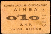 Ainsa (Huesca). Comité Local Revolucionario - U.H.P. 10 y 50 céntimos. (KG. 17e). 2 cartones, sin fecha. Muy raros. MBC-/MBC.