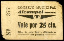 Alcampel (Huesca). Consejo Municipal. 25 céntimos. (KG. 15a) (T. 17). Cartón. Raro. BC+.