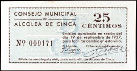 Alcolea de Cinca (Huesca). 25, 50 céntimos y 1 peseta. (KG. 53). 19 de septiembre de 1937. 3 billetes, serie completa. El de 25 céntimos, nº 000171. E...