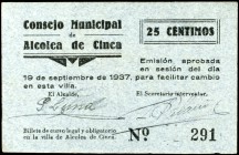 Alcolea de Cinca (Huesca). 25 céntimos y 1 peseta. (KG. falta). 2 cartones, sin fecha. Raros. MBC+/EBC.