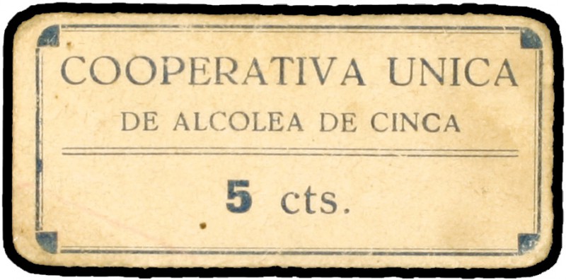 Alcolea de Cinca (Huesca). Cooperativa Única. 5, 10 céntimos y 1 peseta. (KG. 53...